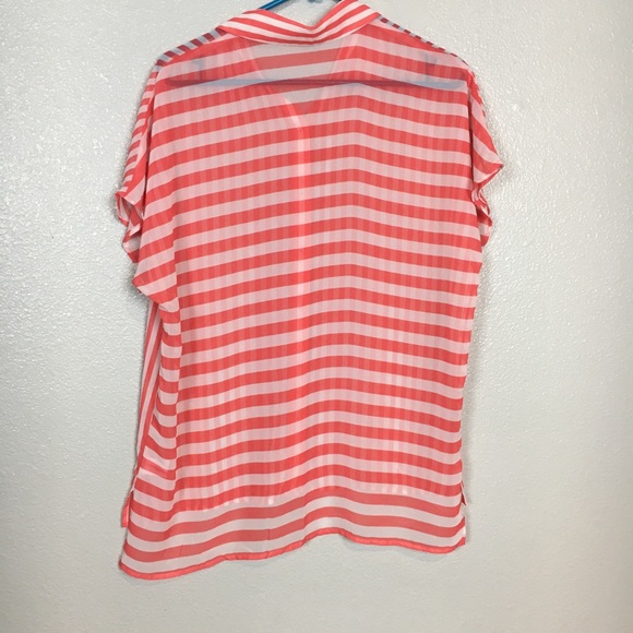 Pleione | Red Stripe Sheer Short Sleeve Button Up - Picture 6 of 6
